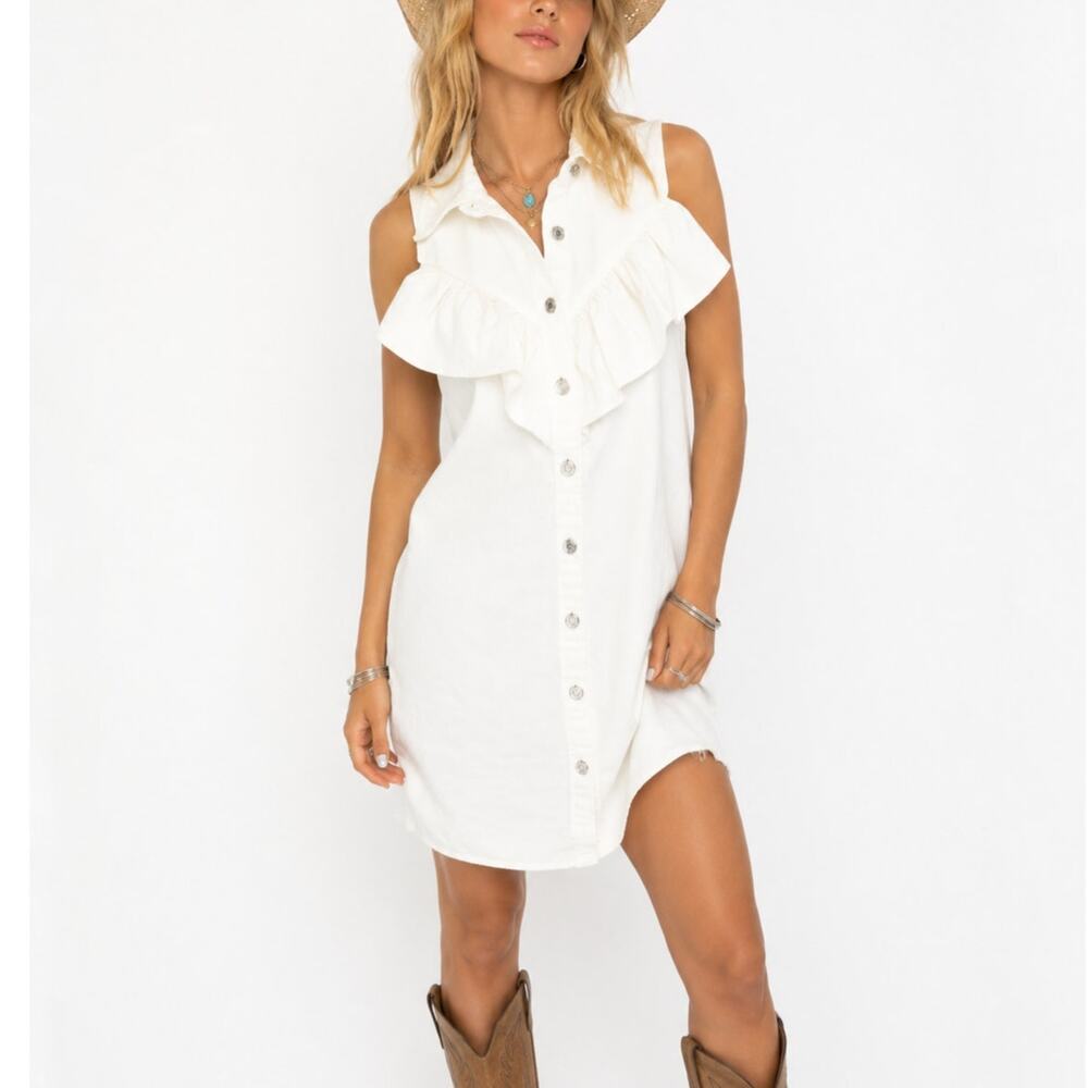 Zara Denim Ruffle Button Front Mini Dress White Jean Size XS